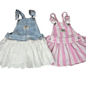 OshKosh Bgosh Baby Girl 18 Mos Denim Pink Striped Overall Dresses Lot 2
